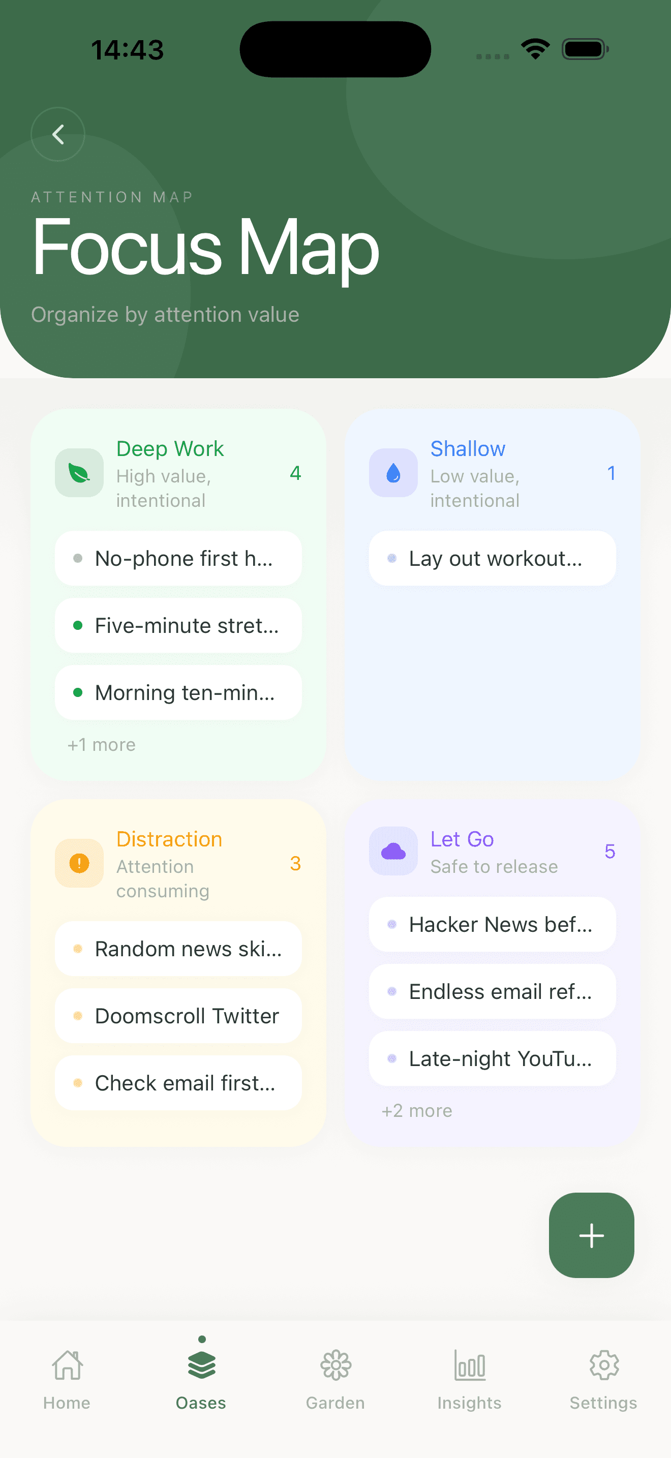 Oasa Focus Map — Hyperfocus quadrant grouping seeds into Deep Work, Shallow, Distraction, Let Go.
