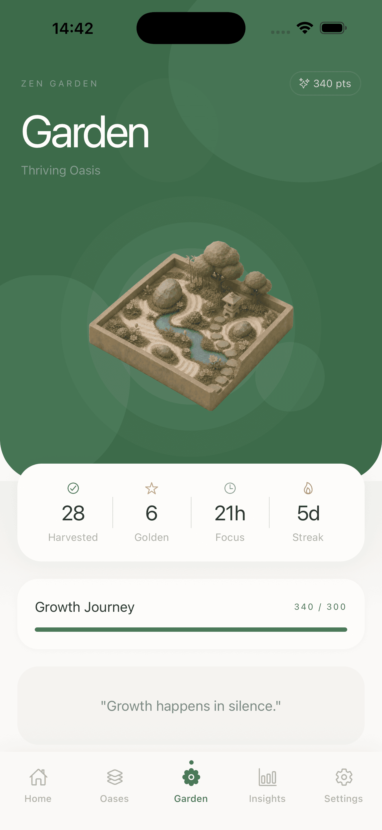 Oasa Zen Garden — a thriving oasis with growth journey, harvested seeds, focus streak.
