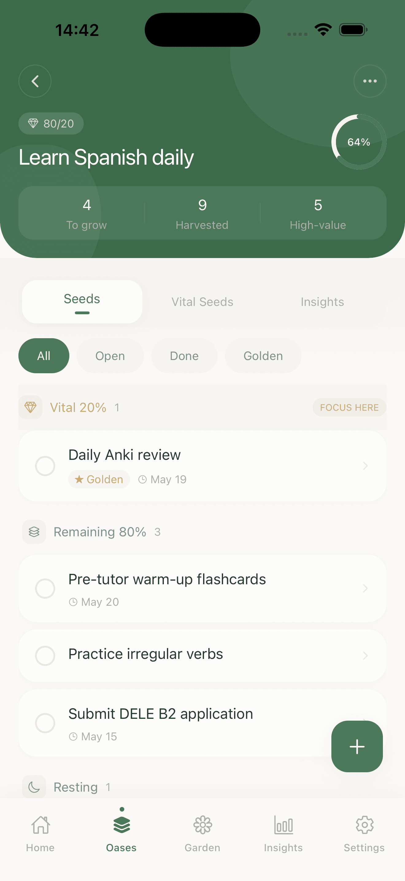 Oasa Oasis detail — Learn Spanish daily with seeds list, vital 20% focus, progress to harvest.